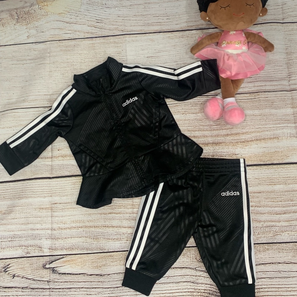 EUC Adidas Printed Tricot Peplum Jacket & Pants Set In Black Size 3-6M